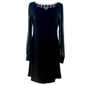 NEW Eliza J Sheer Sleeve Sheath Dress Sz 4 Black Beaded Neckline Cocktail party